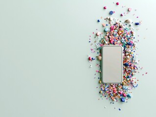 A white smartphone is placed vertically on a light blue surface, surrounded by a scattered array of colorful confetti and small, round, bead-like objects.