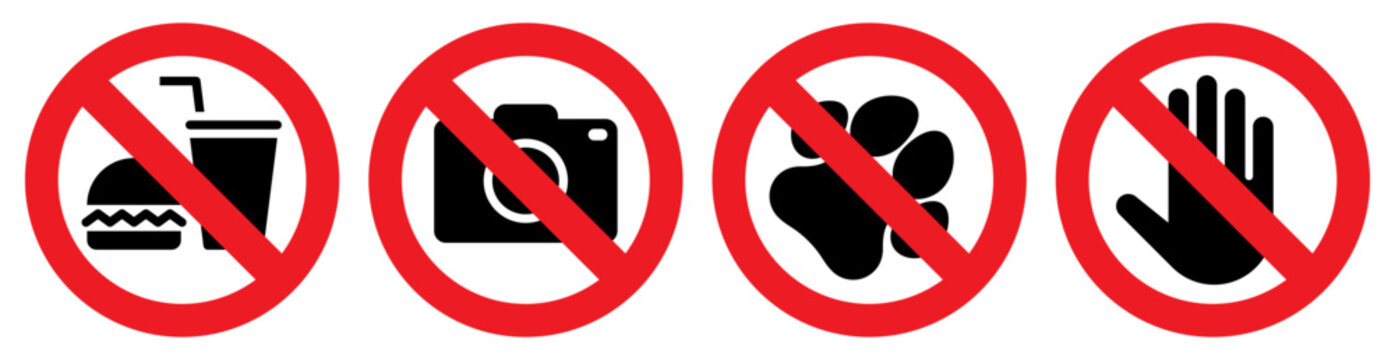 No eating and drinks allowed, No photography, No pets, Do not touch sign set, stop, ban or prohibited icon set for public safety notices.