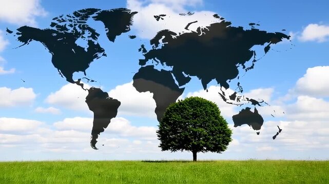 A world map silhouette floats above a solitary tree on a grassy field, under a cloudy sky