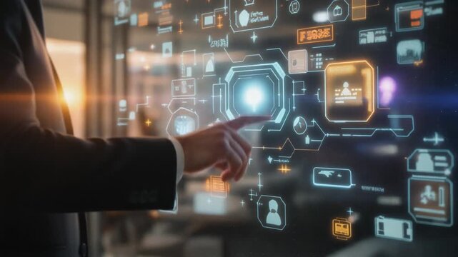 男性がスクリーンのパネルをタッチして操作している近未来的でバーチャルなイメージの動画