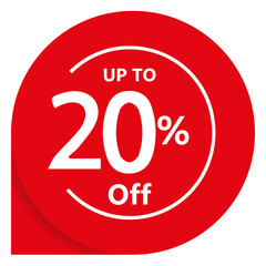 Up to 20 percent off promotional red circular badge design. Vector sticker for retail promotion, limited time offers, and super sales. Isolated PNG asset.