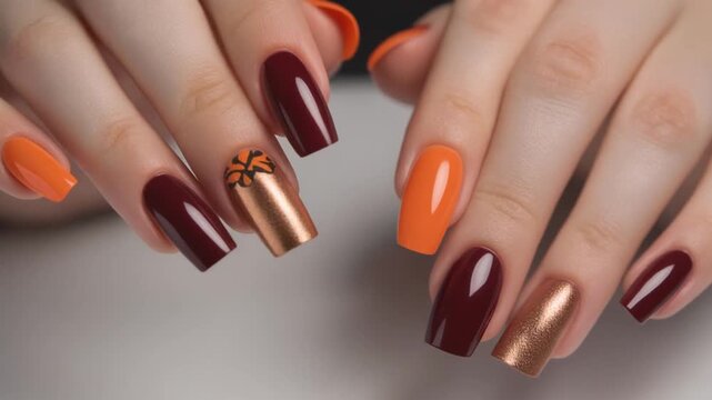 Fall nail art design video showcasing autumn colors, pumpkin accents, and trendy manicure styles for seasonal beauty inspiration