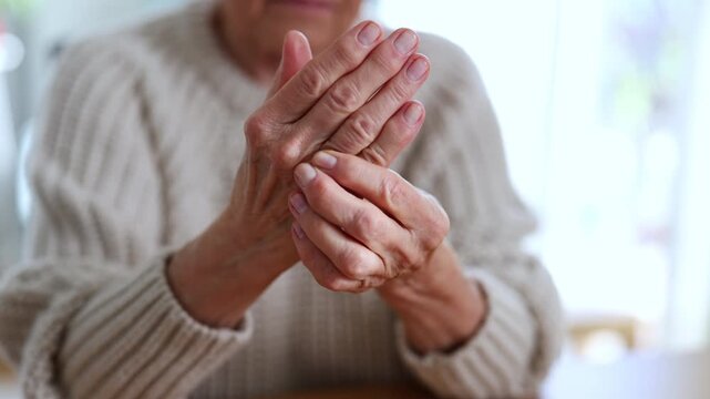 Senior woman with arthritis rubbing hands
