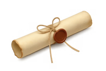 Parchment scroll letter sealed by wax stamp and tied with string, conveying historical message or ancient document