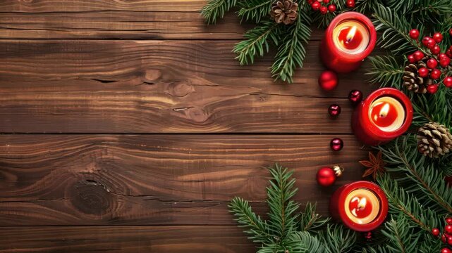 red burning christmas candles on wooden decorated background animation