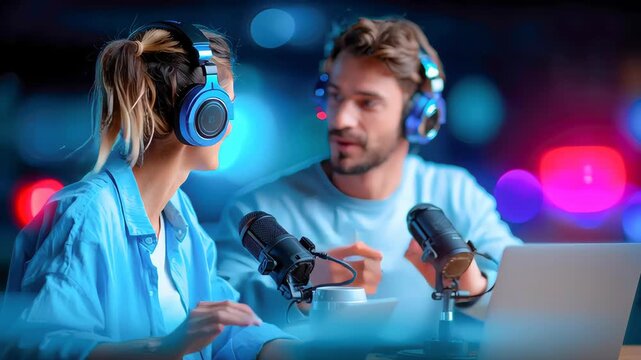 Two podcasters wearing headphones recording a show together with microphones in a brightly lit studio