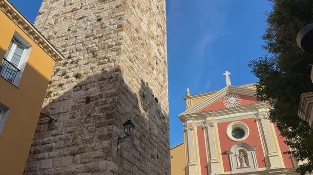 Antibes Cathedral and Grimaldi tower in Antibes Old town, France