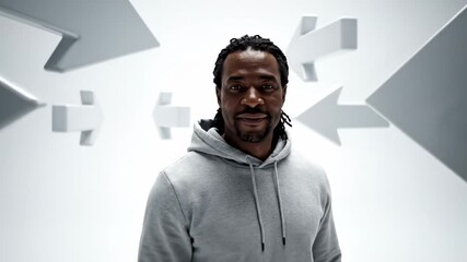 Confident black man standing among many white arrows pointing in different directions, symbolizing decision making, choice, and finding the right path in life or business on a white background
