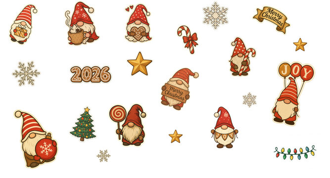 Christmas gnome sticker pack &mdash; cute gnomes, snowflakes, stars, candy cane, tree, gingerbread &ldquo;2026&rdquo;, lights and ornaments &mdash; PNG transparent