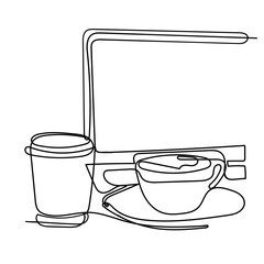 continuous line drawing laptop and coffee cup