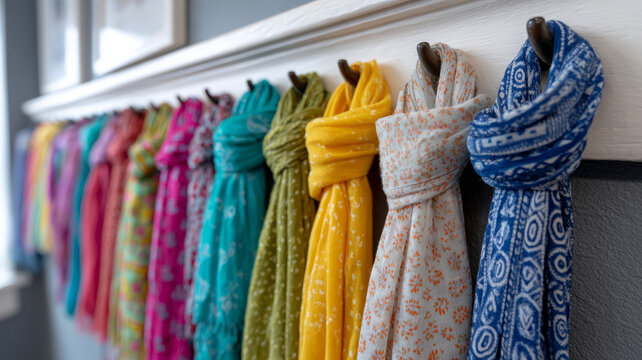Colorful scarves neatly hanging on hooks in a row.