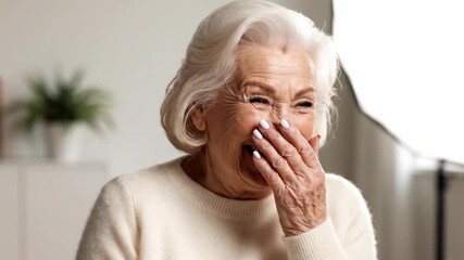 Portrait of a happy senior woman laughing out loud, covering her mouth with her hand. This joyful grandmother with grey hair and wrinkles shows authentic positive emotions and happiness - Powered by Adobe