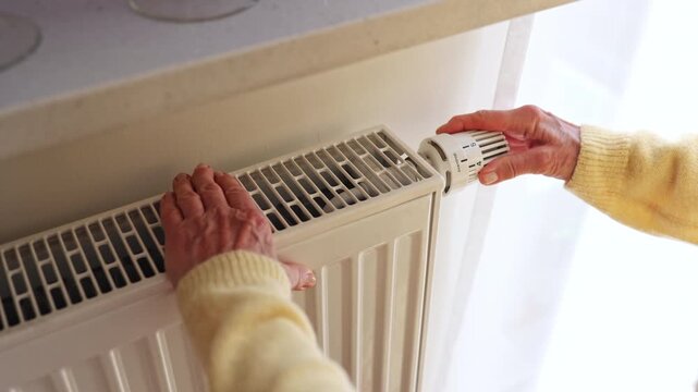 Elderly woman adjusting the heating on a radiator in her home, close-up
