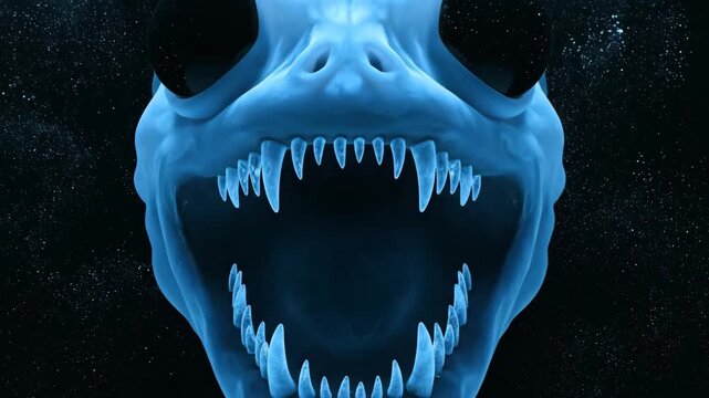 Menacing extreme close-up of a blue aquatic creature with large black eyes revealing terrifyingly sharp teeth