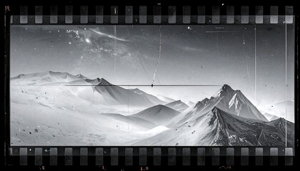 Grayscale mountain range view through vintage film border, featuring snow-capped peaks and hazy valleys