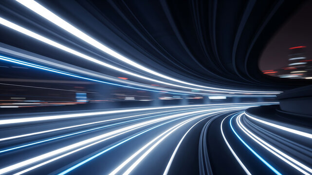 Future Speed Highway. High Speed Modern Freeway Traffic Trails Motion Blur Urban Night - Powered by Adobe