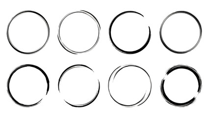 Collection of hand-drawn black ink circles, artistic rough round frames and borders for design elements