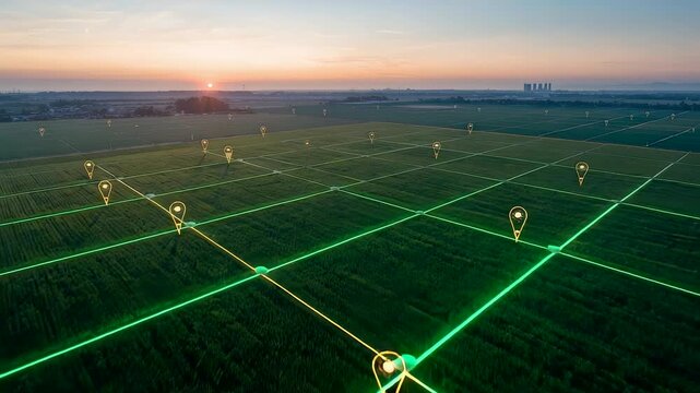 Aerial view of smart agricultural farmland with glowing grid pathways and digital location markers across wide green fields at sunrise