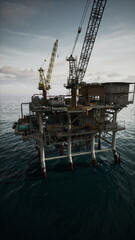 Fototapeta premium An old oil platform stands amidst the vast ocean, extracting resources to meet energy demands.