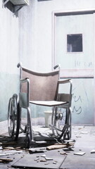 A wheelchair is stationed in front of an abandoned hospital building on a gloomy day.