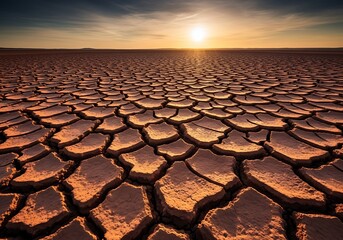 Dry cracked earth landscape under sunset sky in arid environment  