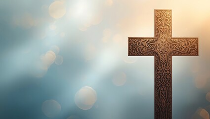 Ornate wooden cross illuminated by soft light in serene background  