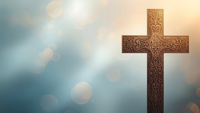 Ornate wooden cross illuminated by soft light in serene background  