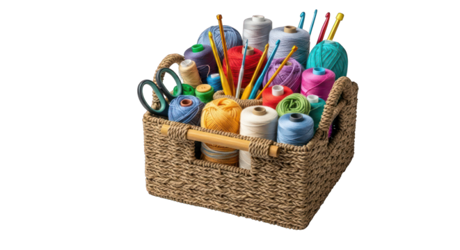 Crafting basket filled with colorful yarn isolated on transparent background
