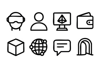 A collection of icons representing key aspects of modern technology, including virtual reality, digital currencies, and global communication. Each symbol reflects current trends in the digital world.
