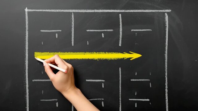 Hand drawing a bright yellow arrow on a chalkboard with a sketched grid layout, showing clear direction and guidance in a simple classroom setting