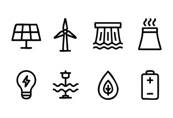 Different symbols depicting renewable energy sources such as solar panels, wind turbines, and hydroelectric power, arranged neatly in a clear layout.