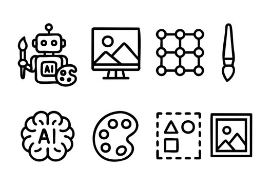 Different icons represent creative aspects of digital art creation using AI technology. Elements include a robot, paint palette, grid, and more, showcasing innovation and creativity.