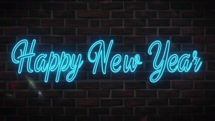 Neon sign reading 'Happy New Year' in bright blue letters against a dark brick wall background with a reflective surface.