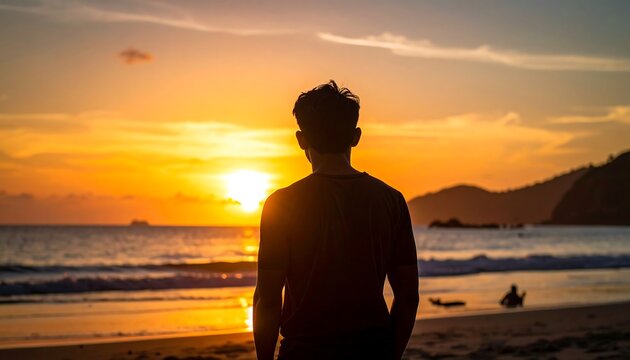 Silhouette of person facing a vibrant sunset over the ocean, with gentle waves and distant hills