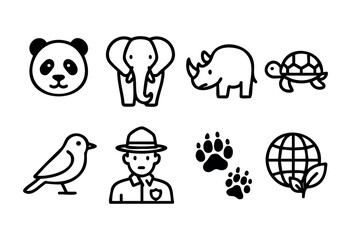 Obraz premium Icons representing various wild animals like a panda and elephant, alongside a park ranger and symbols for earth and conservation, highlight the importance of protecting nature.