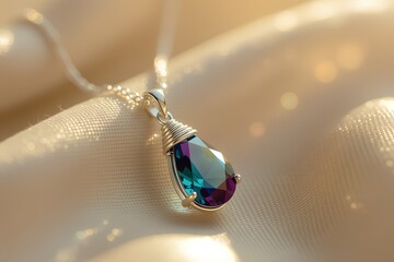 A handcrafted alexandrite necklace with a teardrop crystal that shifts from deep teal to violet under warm sunlight wrapped in delicate silver wire