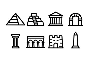 Icons represent significant structures like pyramids, temples, and arches, showcasing the architectural achievements of ancient civilizations in a clean design.