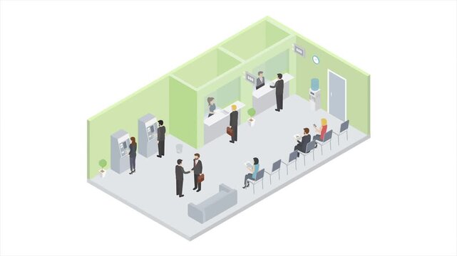 Isometric bank interior with people.