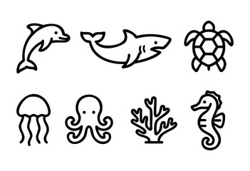 Obraz premium A collection of marine life icons features seven creatures including a dolphin, shark, turtle, jellyfish, octopus, coral, and seahorse, designed in a minimalist line art style.