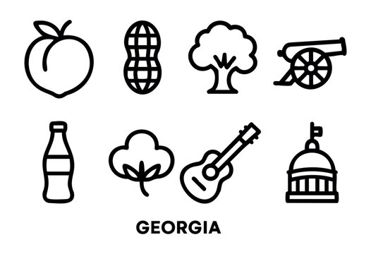 Icons depict key elements of Georgia's culture, including a peach, peanut, tree, cannon, bottle, cotton, guitar, and a capitol dome, showcasing the state's uniqueness.