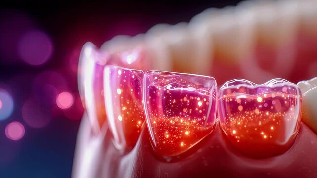 Macro close-up showing plaque buildup and inflamed gums on a human tooth