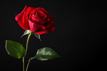 Naklejka premium Single red rose stands against a stark black background with its green leaves providing contrast.