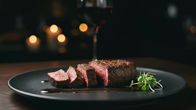 Sliced medium-rare filet mignon steak on a plate. Gourmet beef dinner with red wine in a fine dining restaurant. Cinematic food videography with a romantic atmosphere