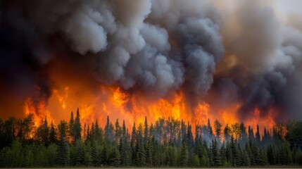 A fierce wildfire rages through a thick conifer forest, sending orange flames and dark smoke high into the sky. The trees stand in defiance as the blaze consumes the landscape