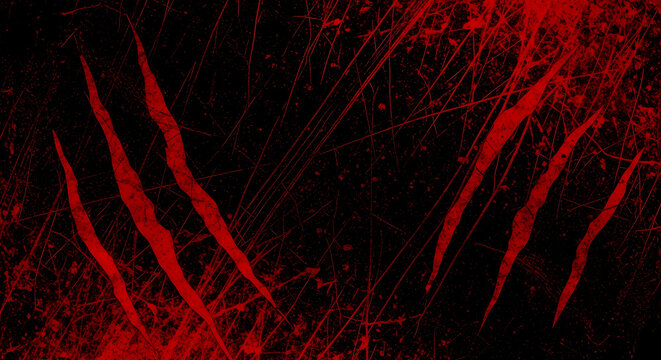 Abstract background with red claw marks and blood splatters on a dark surface, creating a dramatic and intense visual effect.