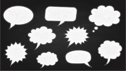 Collection of blank white speech bubbles on a black chalkboard background