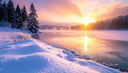 A tranquil winter landscape at sunrise, featuring a frozen lake with mist, snow-covered trees, and a vibrant sky.