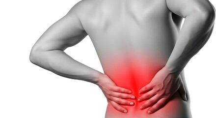 Naklejka premium Man with lower back pain highlighted in red on white background