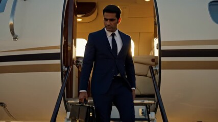 Successful handsome businessman with a briefcase disembarking from a private jet after a business trip, walking down the stairs against a beautiful sunset lens flare at the airport