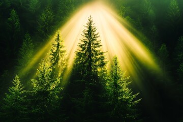Obraz premium Sunbeams are piercing through the trees in the dark forest, illuminating the scene with yellow light.